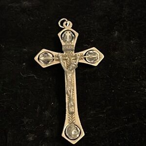 Silver tone Cross with Jesus & 4 tiny crystals. Vintage Made in Italy.